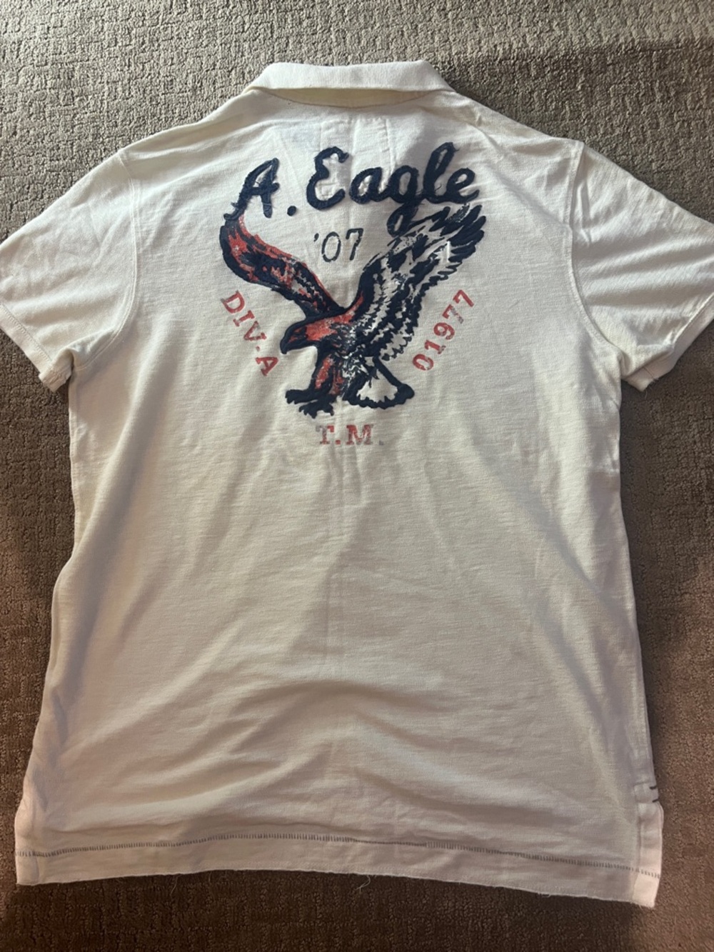 American Eagle Outfitters White Polo with Navy & Red Eagle Graphic